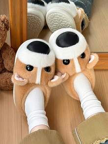 Pantoufles en peluche d'animal Corgi, confortables, chaudes, en fausse fourrure épaisse, bottes de neige d'hiver minimalistes et mignonnes pour femmes, pantoufles d'intérieur pour hommes, unisexes pour couples, pantoufles amusantes, cadeau du Nouvel An - Kaki - Voir 6