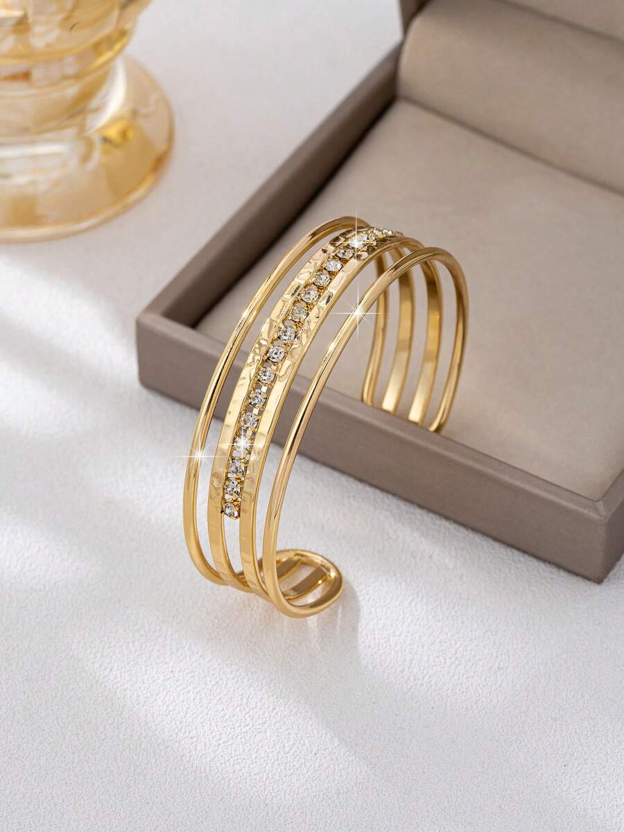 Pulsera vintage de oro con gema cuadrada incrustada y diseño geométrico hueco, adecuada para combinar con atuendos casuales y de fiesta, regalo - Amarillo Oro - Ver 1