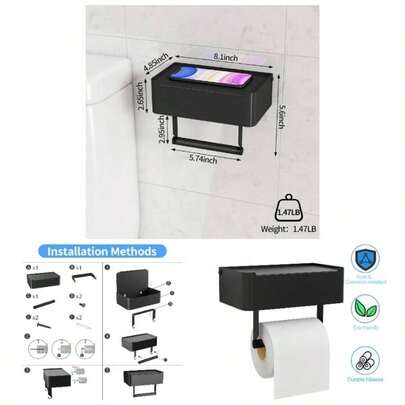 Toilet Paper Holder With Shelf, Flushable Wipes Dispenser Fits Bathroom Wipe Storage, Keep Your Wipes Hidden Out Of Sight - SUS304 Stainless Steel Wall Mount Organizer Matte Black