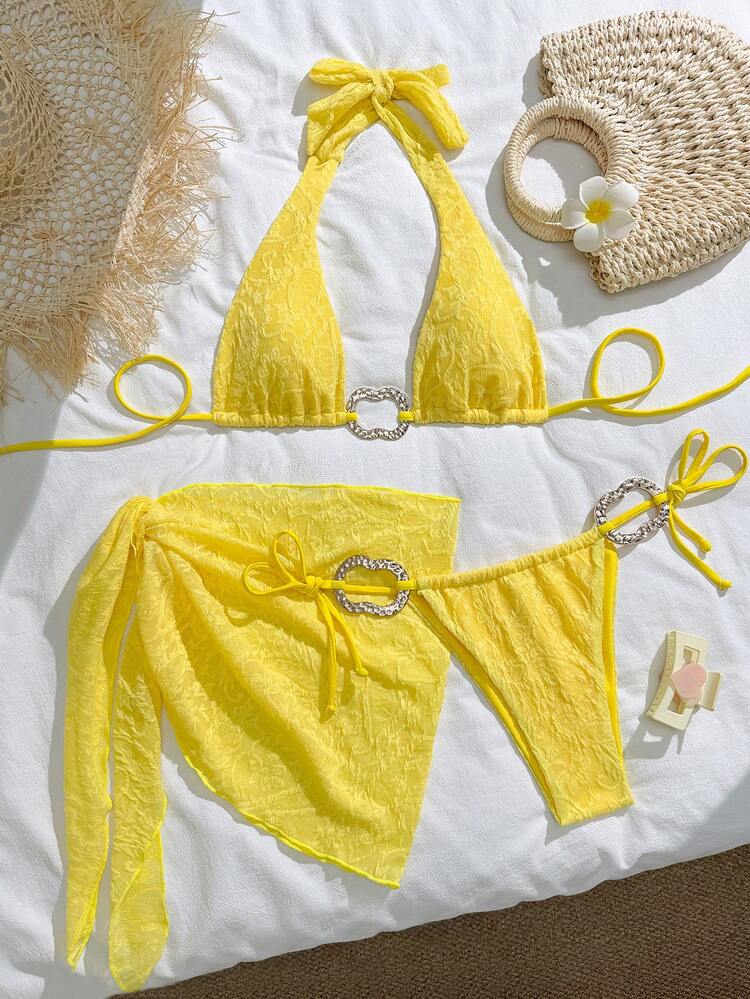 性感露背褶皱比基尼上衣，搭配同款系带纱笼裙，女士度假必备 - 黃色 - 查看 2