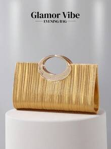 1pc Women's Gold Glitter Evening Clutch Bag, Metallic Pleated Leather, Metal Decorations & Chain Strap, Suitable For Weddings, Parties, Galas, Festivals, Formal Dresses, Valentine's Day, Birthday Gifts - Gold - View 3