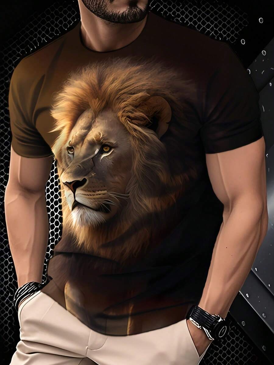 Men'S 3D Lion Print Short Sleeve-Shirt - Lightweight Crew Neck Casual Top With Vibrant Jungle Design, Breathable Summer Tee Outdoor Activities & Casual Attire, Lion Shirt, Comfortable Fit Shirt - 混合色 - 查看 1