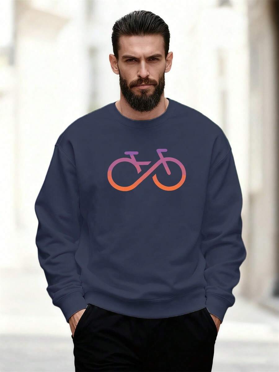 Sudadera Casual de Cuello Redondo con Patrón de Bicicleta en Degradado de Color para Hombre - Azul Marino - Ver 1