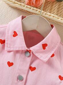2pcs/Set Toddler Girls Outdoor Casual Sweet Girl Style Pink Heart Print Polo Collar Short Sleeve Top And All-Over Red Heart Playful Comfortable Cute Daily Wear Skirt Set - Pink - View 4