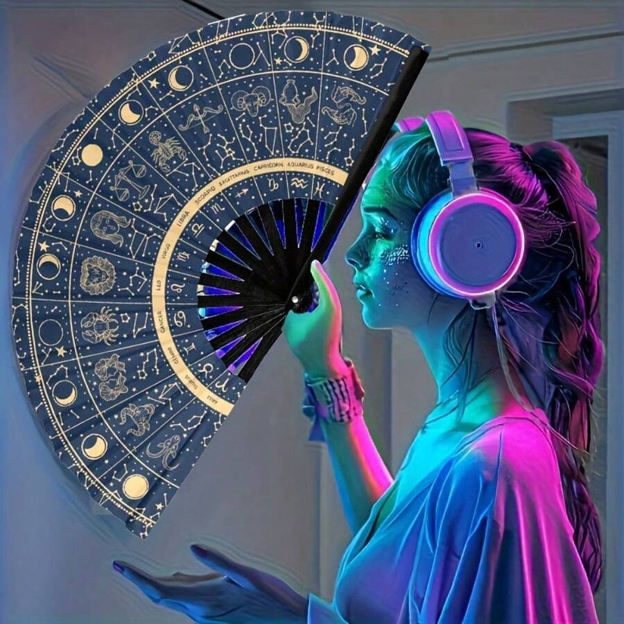 13英寸大型折叠扇，饰有12星座图案和波西米亚金色设计——占星主题，适合节日装扮、宇宙主题活动——占星爱好者的完美配饰。便携式手动派对扇，适合女士使用，星空主题配饰，适用于夜店、EDM音乐节、盛大庆典，夜店必备单品，图案优雅，品质上乘。 - 彩色 - 查看 1