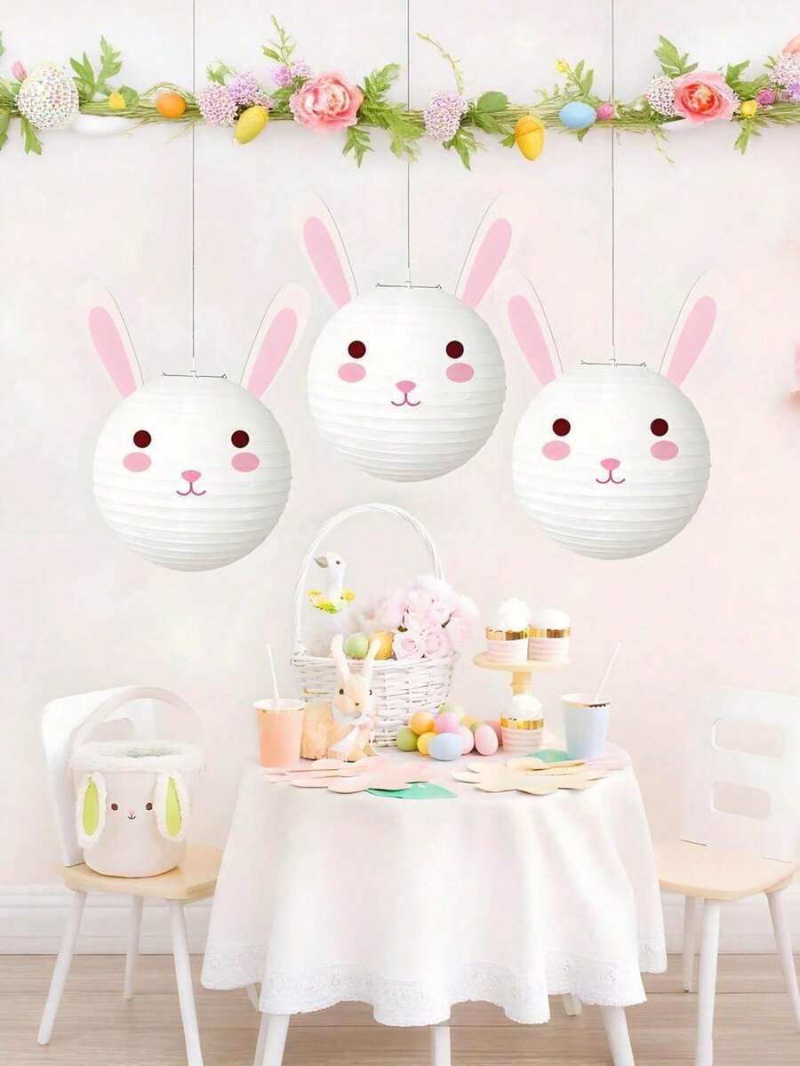 1 Lanterna de Papel com Coelho de Desenho Animado Adorável - Decoração Divertida para Festas de Páscoa e Aniversário com Balões em Tons Pastel e Figuras de Coelho, Acessório Festivo para Festas | Design Alegre | Artesanato em Papel Resistente, Decorações para Festas - Multicolorido - Ver 1