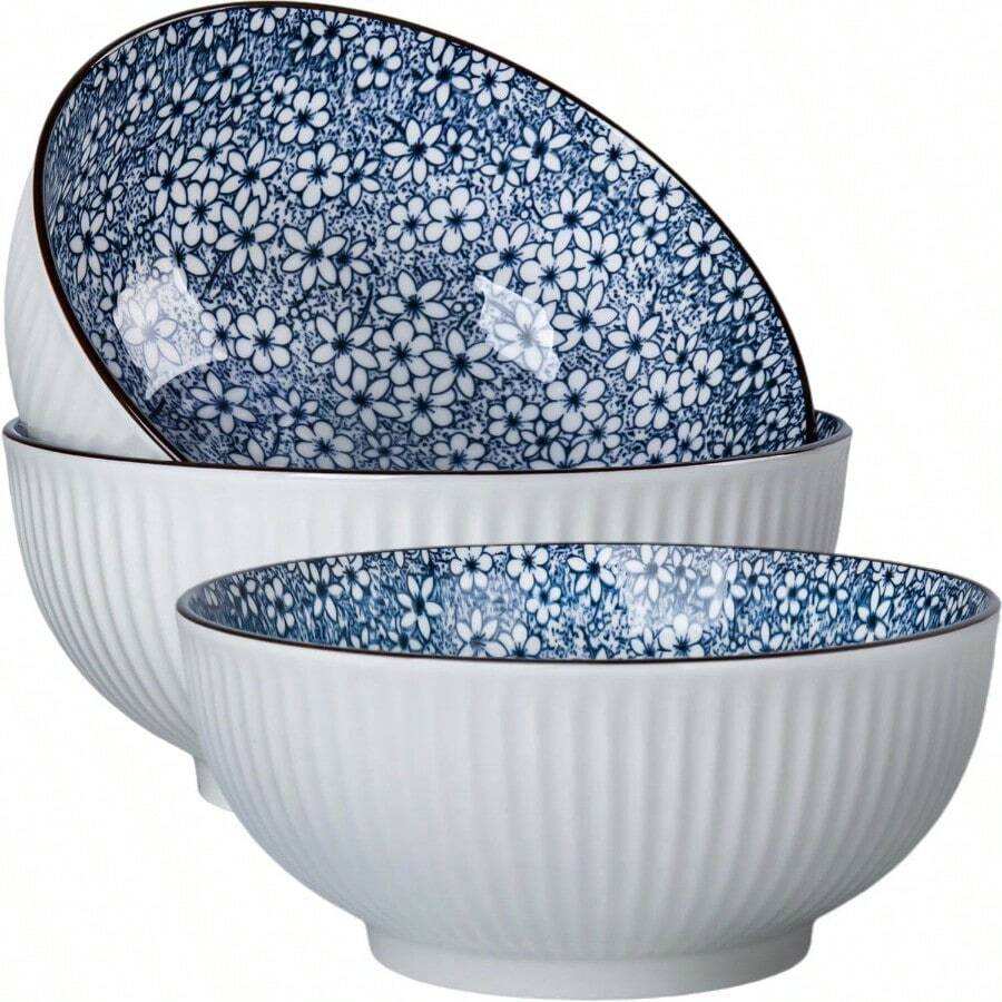 Cuencos grandes de 6 onzas cuencos grandes de 20 cm cuencos de cerámica japonesa azul y blanco juego de 3 cuencos de ramen japonés diseño floral - Patrón floral - Ver 1