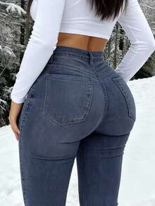 Y2K 高腰浅蓝色修身九分牛仔裤，弹力铅笔裤，适合春夏、度假、节日等场合，可作为牛仔套装、牛仔裤、长裤、外出穿着，女士牛仔裤，女士牛仔套装，女士牛仔裤，适合曲线身材 - 深色水洗藍 - 查看 5