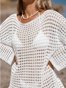 女士透视针织船领罩衫，休闲长款罩衫，适合海滩度假、春夏穿着 - 白色 - 查看 6