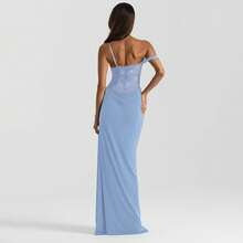 Spring Summer Women's New Dress Solid Color Strap Lace Patchwork Slim Dress - Blue - View 4