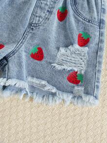 2pcs/Set Tween GirlsCasual Strawberry Letter Print Loose Fitting Breathable Top And Fashionable Comfortable Strawberry Print Distressed Denim Shorts Set, Suitable For Daily Wear, Outing, Gathering