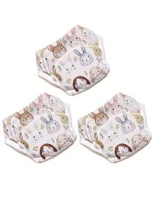 3条装可重复使用婴儿训练裤 - 可爱印花图案，防漏，可水洗，弹性腰带，四季皆宜，婴儿内裤，活泼幼儿服装，舒适贴合，婴儿学习训练裤，男女宝宝均适用