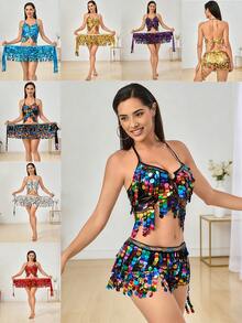 舞台及社交舞蹈配饰套装，亮片流苏装饰，演出必备的华丽装饰品 - 彩色 - 查看 1