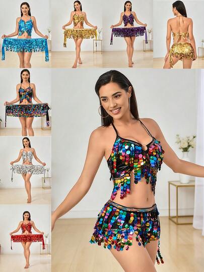 Belly Dance Costume Set - Sexy Sequin Fringe Bra & Hip Scarf Stage Performance Festival Dance Practice Wear (Multiple Colors Available)