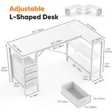Sweetcrispy L Shaped Desk With Shelf Drawers, White Corner Computer Desks Gaming With Power Outlet, Study Table With Adjustable Shelves, Home Office Tables For Bedroom Teacher Reading Writing - View 7
