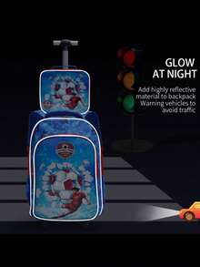 BLING BABIES 3Pcs Rolling Backpack For Boys Sky Blue Cartoon Football Design Elementary School Backpack With Lunch Bag And Pen Bag Glow-In-The-Dark