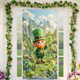 Polyester Made St. Patrick's Day Door Valance, Designed As A Leprechaun Searching For A Four-Leaf Clover, Suitable For Home, Room, Window, Entrance, Outdoor Wall Decor, All Seasons, No Power Required
