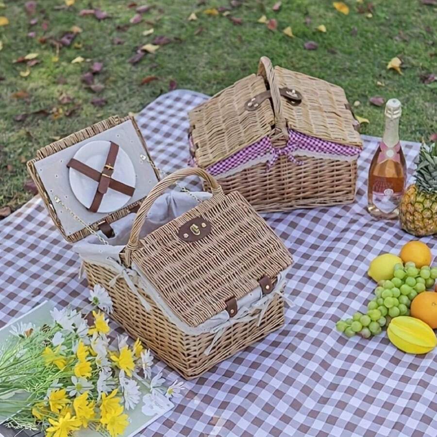 1pc Foldable Wicker Picnic Basket With Lid, Countryside Style, Photography Prop, Outdoor Picnic