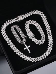3 Piecescross Pendant Necklace And Bracelet Set, Featuring A Delicate Cuban Chain For A Touch Of Hip-Hop Style. Suitable For Everyday Wear By Both Men And Women, And A Perfect Gift For Valentine's Day, Christmas, Or New Year's - A - View 4