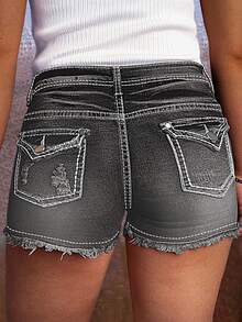 Women's Casual Washed Vintage Ripped Frayed Hem Fitted Denim Shorts - Grey - View 2