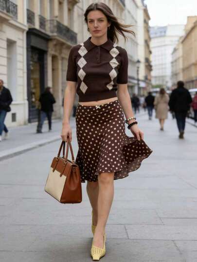 Spring/Summer Women's Fashion: Elegant Casual Everyday Commute Beach Vacation Diamond Pattern Design Half-Button-Down Polo Neck Short-Sleeve Knit Top Summer Holiday Outfit, Outing Top, Holiday Attire, Women's Casual Wear