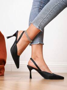 Sandales à talons hauts minimalistes à bout pointu avec sangle arrière, confortables et élégantes pour le travail, les fêtes et le soir. Escarpins noirs à paillettes à talons hauts sexy. - Noir - Voir 5
