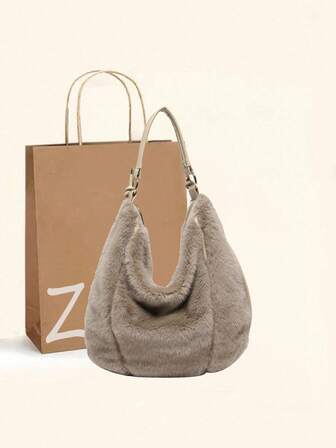 Autumn/Winter Fashion Furry Bag, Minimalist Versatile Women's Shoulder Bag, Large Capacity, Lightweight, Fluffy, Foldable Crescent Bag With Detachable Shoulder Strap, Zipper Closure, Suitable For Daily Commute, Shopping, Dating