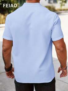 Men's Vintage Coin Style Button Front Sky Blue Waffle Knit Short Sleeve Polo Shirt - Baby Blue - View 2
