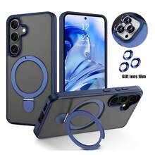 1pc Blue Clear Matte Invisible Ring Holder Stand Case Compatible With IPhone 17pro/17promax/Apple Air/17/ 16 15 14 13 12 11 Pro Plus Max And Compatible With Samsung Galaxy /S25Ultra/S25Plus/S25/S24Ultra/S24Plus/S24, Wireless Charge Glass Lens Cap Film Cover, Send Lens Protection Film - Blue - View 2