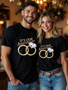 His And Her Valentine'S Day T-Shirt - "This Is Our Anniversary" Golden Ring Print, Casual Sports Black T-Shirt, Round Neck, Short Sleeves, Lightweight Polyester Fiber, Machine Washable - Perfect For Spring/Summer Celebrations, Valentine'S Day ClothingPerfect For Newlyweds, Anniversary Gift, Matching Couple Shirts - Ideal Gift For Couples And Holiday Parties - 女士黑色 - 查看 1