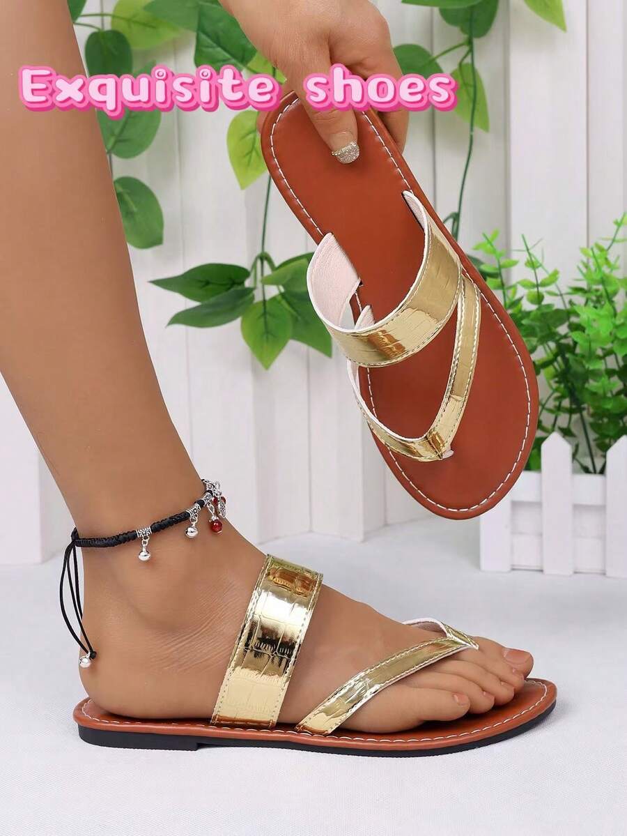 New Women Flat Thong Sandals, Faux Snake Skin Texture Luxurious Solid White/Black/Gold, Breathable Soft Sole, Minimalist Style For Daily, Travel, Beach, Date Wear - Gold - View 1