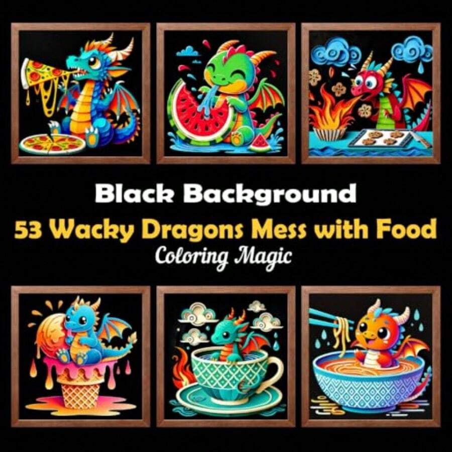 53 Wacky Dragons Mess with Food: Funny and Silly Scratch Art Style Coloring Book for Teens and Adults Who Love to Unwind Paper Cutting Art Black Background - como en la foto - Ver 1
