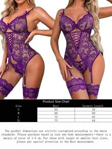 3件套女士性感无袖深紫色蕾丝内衣套装 - 交叉腰带+蝴蝶结装饰+蕾丝吊袜带，蕾丝材质，轻薄迷人，适合音乐节、婚礼、情人节等场合穿着（迷人紫色） - 紫色 - 查看 11