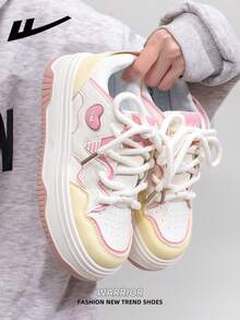 1 Pair WARRIOR Women's Thick Sole Lace-Up Soft Bottom Casual Shoes, Low-Top Outdoor Flat Shoes, Round Toe Low Heel Non-Slip Solid Color Elegant Soft Bottom Hiking Shoes, Suitable For Students, Graduation Photos, Flat Shoes, Low-Top Leather Face Sports Skateboard Shoes - White/yellow/pink - View 8
