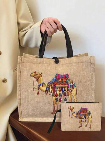 Juego de bolso de lino con estampado de camello, patrón de camello de las regiones occidentales, bolso de lona grande de mujer de gran capacidad, bolso de viaje, bolsa de belleza con cremallera, bolsa de maquillaje de decoración del desierto de Oriente Medio, para bodas, playas, vacaciones, regalo perfecto para mujeres, madres, maestras, amigas, damas de honor, estudiantes y vuelta al colegio, regalos del Día de la Madre, regalos del Día de San Valentín, regalo de cumpleaños para viajeros y amantes de la cultura árabe y los animales