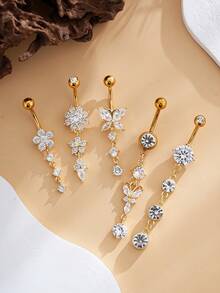 Bộ 5 khuyên rốn dài bằng thép không gỉ, thiết kế hình hoa bướm 4 đoạn đính đá Cubic Zirconia, mạ vàng 18K, trang sức gợi cảm dành cho nữ, thích hợp cho các dịp lễ hội. - Vàng - Xem 4