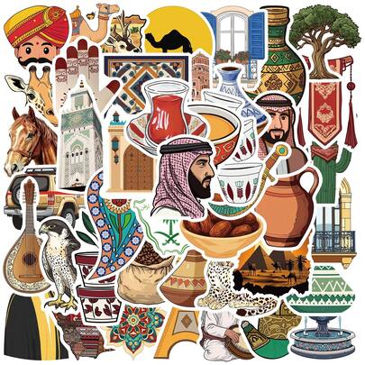 50 piezas Pegatinas con estilo de arte de Oriente Medio, pegatinas de elementos de viaje de dibujos animados para DIY en equipaje, cuaderno, planificador papelería manualidades libro de sticker estikers