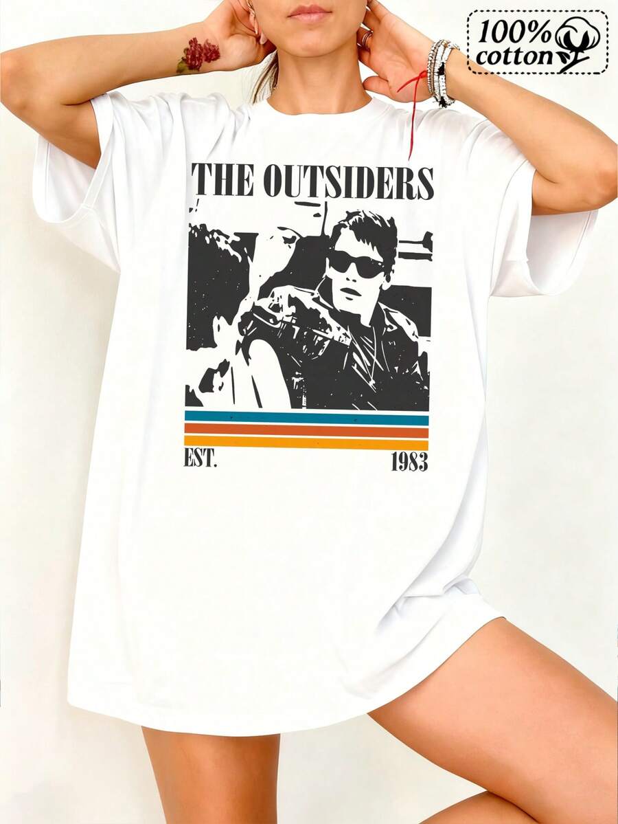 Women's Casual Cotton Round Neck Short Drop Shoulder T-Shirt With The Outsiders 1983 Print Comfortable Regular Fit Top For Everyday Wear - trắng - Xem 1