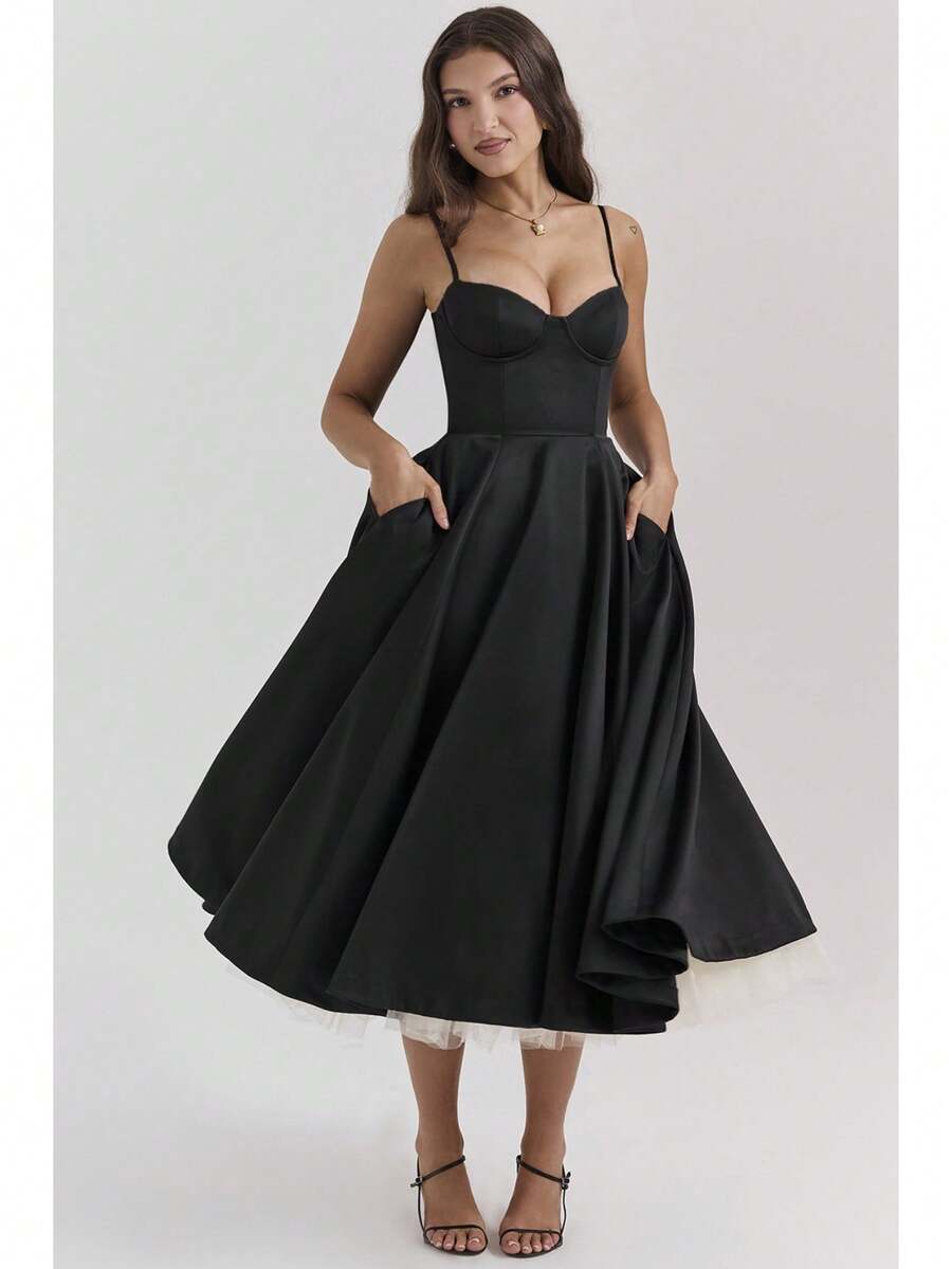 Vestidos Elegantes De Mujer,Women's Elegant Double-Layered Dress With A Full Skirt - 黑色 - 查看 1