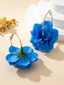 1 Pair Bohemian Style Fabric Flower Earrings, Fashionable For Women, Suitable For Daily Wear, Vacation And Gift - Rose Blue - View 6