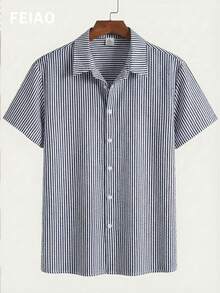 Áo sơ mi nam tay ngắn phong cách retro FEIAO, chất liệu polyester nhẹ, kẻ sọc, phù hợp cho mọi mùa, kiểu dáng thường ngày và đa năng. - Màu xanh hải quân - Xem 3