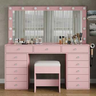 FUSOU 13 Drawers Vanity Desk, Makeup Vanity With Power Outlet, Vanity Table With Mirror And 13 LED Bulbs, 3 Color Lighting Modes, Glass Top, Dressing Table For Bedroom