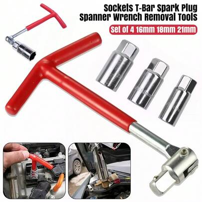 Sets Of 4PC T-BAR Spark Plug Removal Tool Flexible Spanner Socket 16mm 18mm 21mm