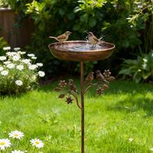 1个户外花园鸟浴盆，重型金属框架，无需电池，全天候防风雨设计，适合蜂鸟和其他鸟类，复古庭院装饰，带喂食器 - 易于安装，适合庭院和花园。