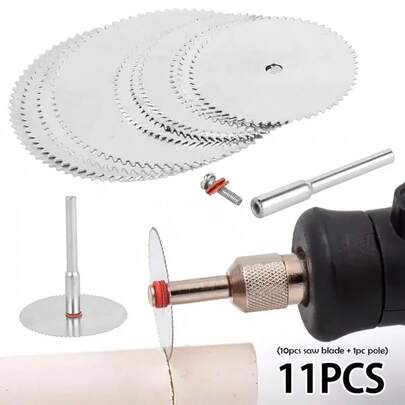 Bộ 11 lưỡi cưa tròn thép tốc độ cao, đĩa cưa tròn mini dùng để cắt gỗ, 10 lưỡi + 1 trục