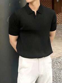 Manfinity Homme Solid Ribbed Polo Shirt For Men - Black - View 3