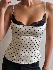 Women's Y2K Polka Dot Cami Tops Cute Satin Top Sleeveless Spaghetti Strap Lace Tank Tops Slim Fit Bustier Lace Trim Crop Top Scoop Neck Polka Dot Camisole Summer Corset Shirt Cute Party Going Out Tops Vintage Aesthetic Clothes Clubwear Streetwear - 白色 - 查看 4