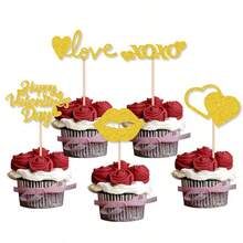 情人节快乐纸杯蛋糕装饰插牌，闪亮丘比特爱心嘴唇“做我的情人”XOXO纸杯蛋糕插签，适用于情人节主题婚礼派对蛋糕装饰用品 - 彩色 - 查看 3
