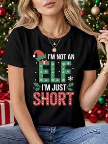 Plus Size Women Funny Christmas T-Shirt I'm Not An I'm Just Short Graphic Tee Black Crew Neck Top With Red Green Holiday Design Lightweight Casual Shirt For Christmas Parties Gifts Casual Attire Non-Seasonal Year-Round Outfit Festive Party Attire Playful Holiday Design Comfortable Fit Big Women Size L-3XL 4XL 5XL - Black - View 1