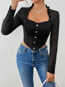 1 pieza Blusa de mujer con cuello cuadrado, volantes, botones de perla y encaje de manga larga tipo corsé, prenda exterior sexy para fiesta, Navidad, Día de San Valentín - Negro - Ver 7